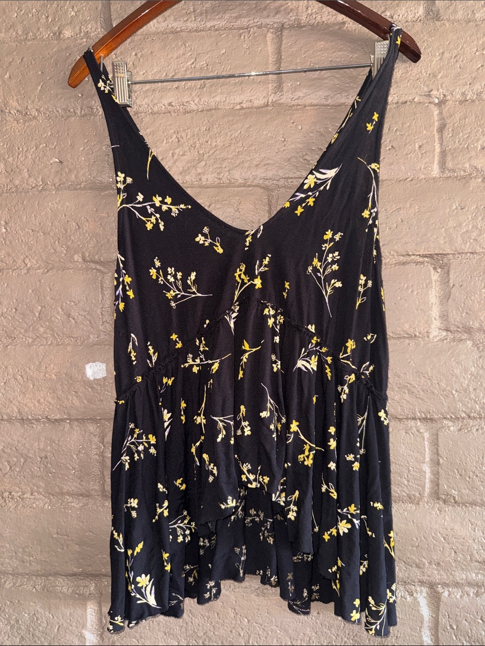 Black Floral V-Neck Tank Top - Yellow & White Print